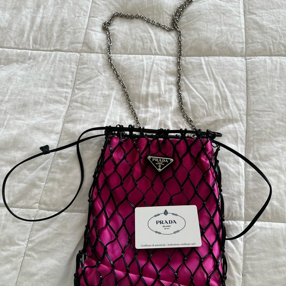Prada Black Leather Net Woven Pink Satin Triangle Logo Drawstring Bag - Picture 4 of 7
